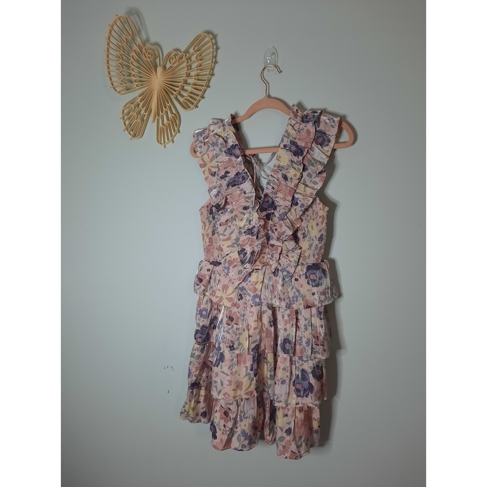 Karlie Floral Metallic Ruffle Tiered Mini Dress Pink Purple Size L, Occasional